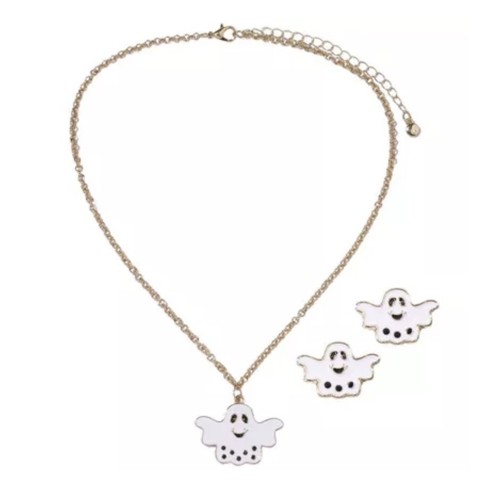 Black Diamond Ghost Pendant Necklace & Stud Earring Set Halloween White Enamel